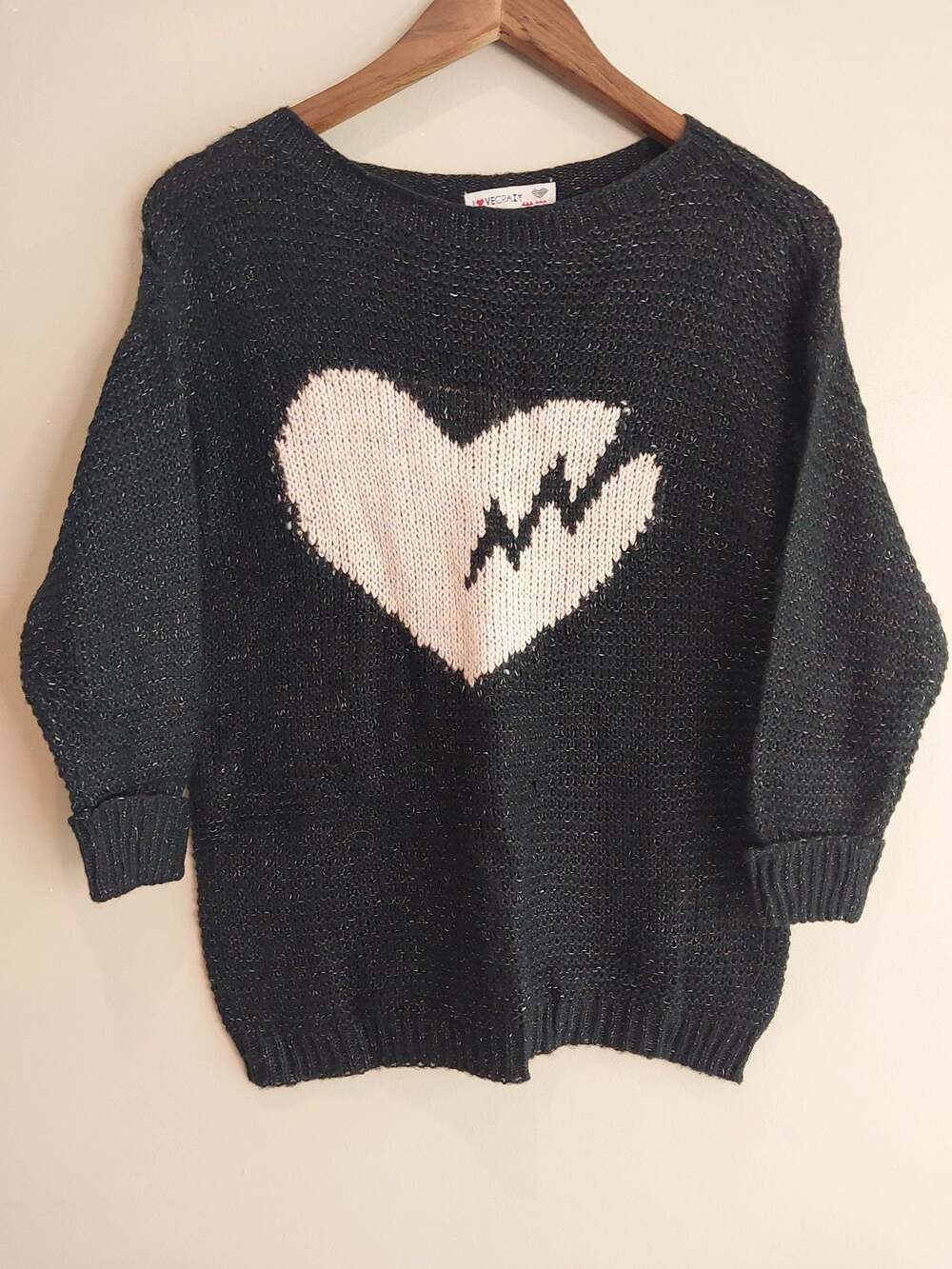 Lovecrazy Black Speckled Knit Pullover Sweater with Broken Heart Motif Size S